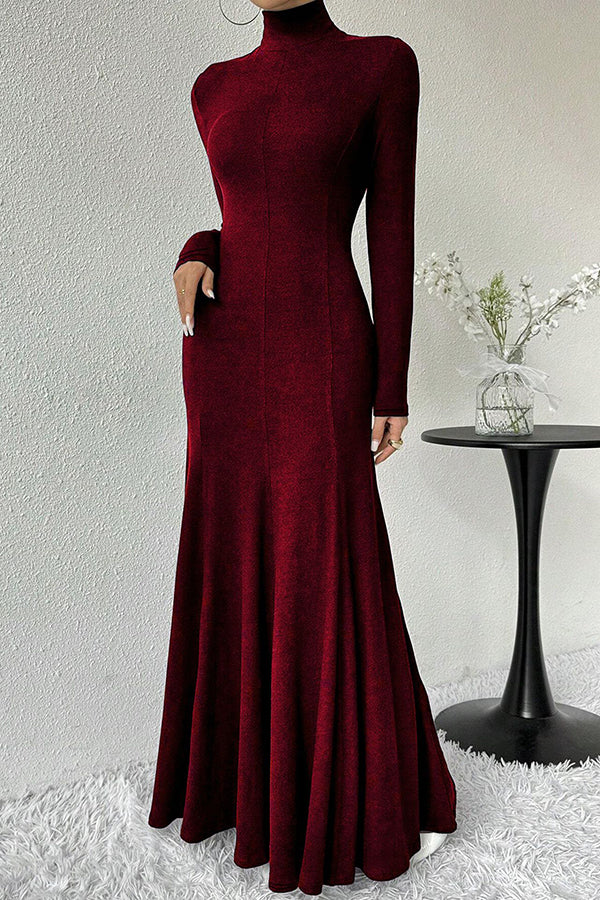 Solid Color High-neck Long-sleeved Slim-fit Fishtail Elegant Maxi Dress-consonak