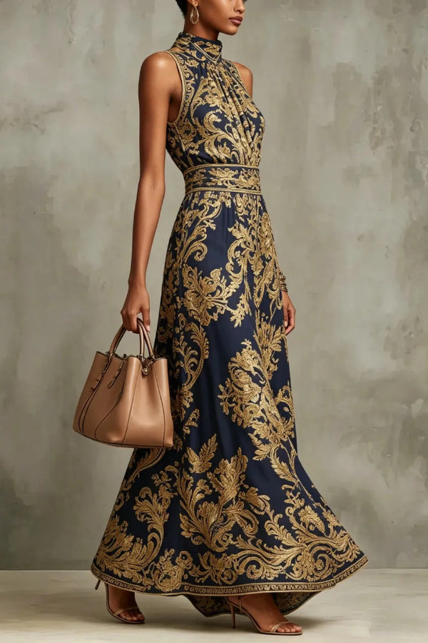 Vintage Gold Embroidered Long Dress-Consonak