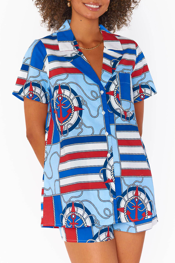 Summer Adventures Unique Print Pocket Loose Shirt and Elastic Waist Shorts PJ / Vacay Set-consonak