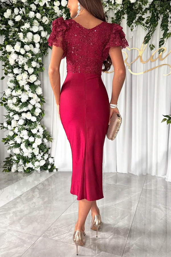Dreamy Luxury Lace and Satin Patchwork Ruffle Sleeve Ruched Midi Dress | Consonak