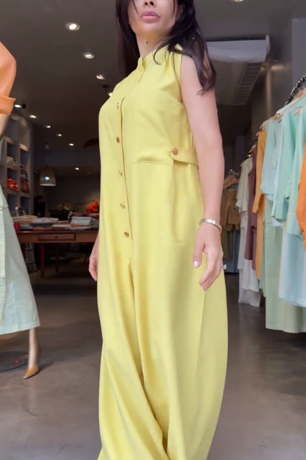 Linen Blend Solid Color Sleeveless Casual Button Loose Wide-leg Jumpsuit