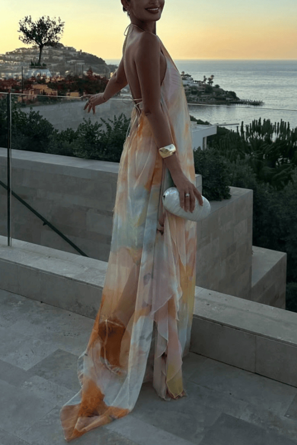 Fashionable Tie-dye Halter Neck Backless Loose Vacation Maxi Dress