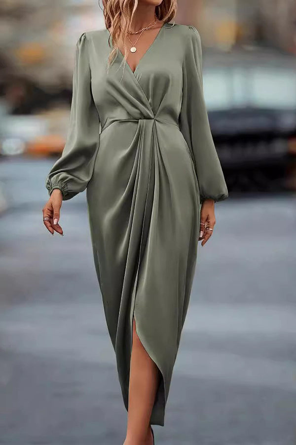 Satin V-neck Long-sleeved Slit Irregular Hem Midi Dress-consonak