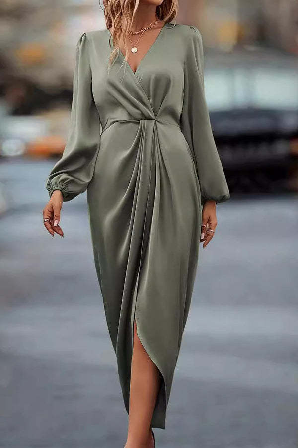 Satin V-neck Long-sleeved Slit Irregular Hem Midi Dress-consonak