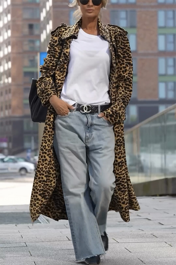Be Free Velvet Leopard Print Long Sleeve Loose Midi Trench Coat | Consonak