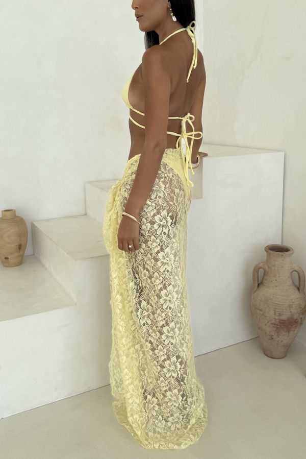 Solid Color Halter Neck Tie Stretch Two-piece Bikini Swimsuit and Sheer Lace Holiday Maxi Skirt Set