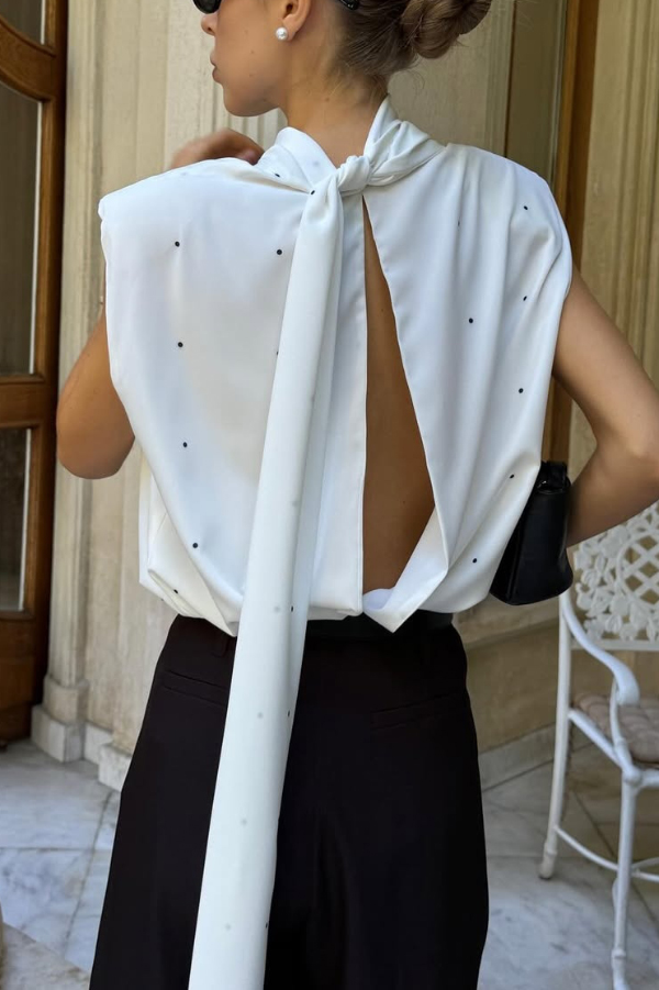 Polka Dot Print Open Backless Stand Collar Sleeveless Ribbon Top | Consonak