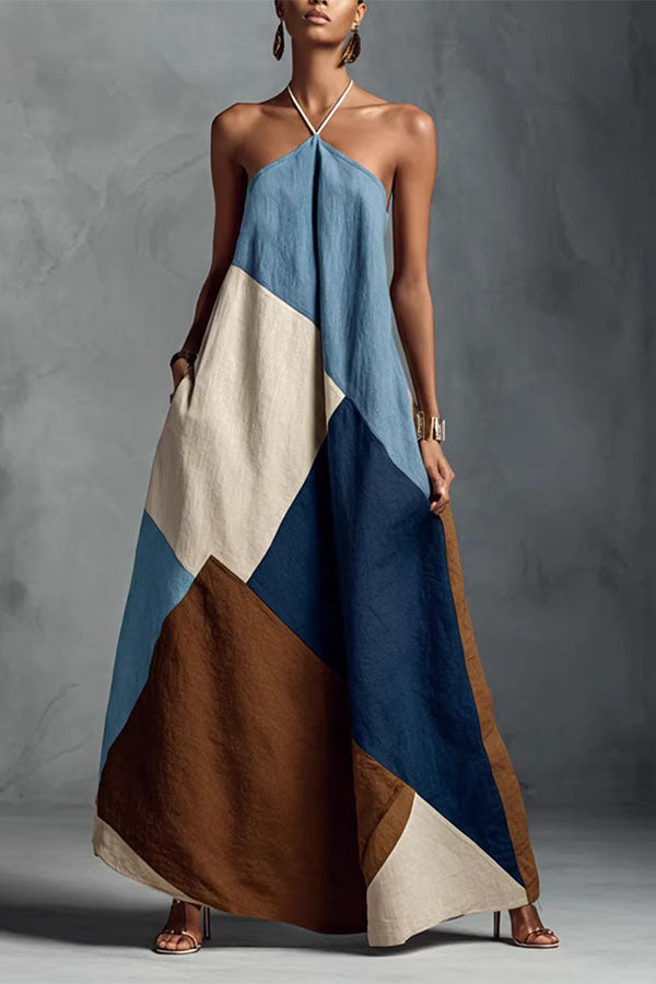 Tuscan Sun Geometric Patchwork Halter Dress-Consonak