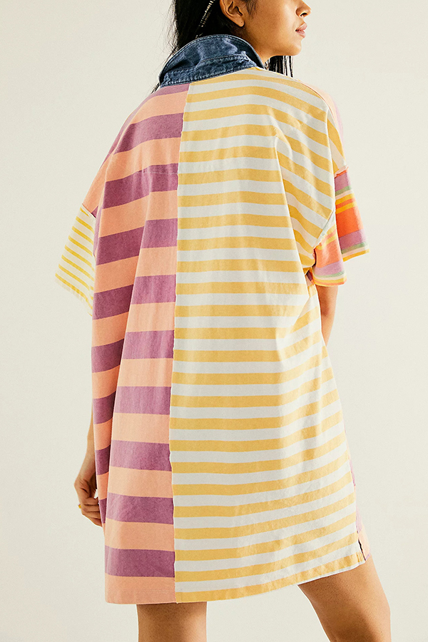 Contrast Striped Patchwork Denim Lapel Loose Casual Mini Dress-consonak