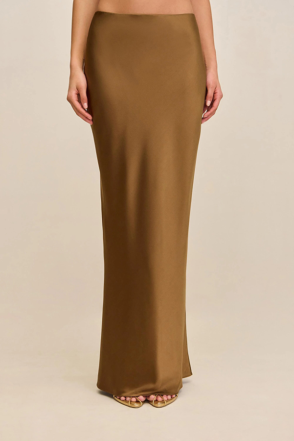 Keep Polished Satin High Rise Bias Cut Drape Maxi Skirt