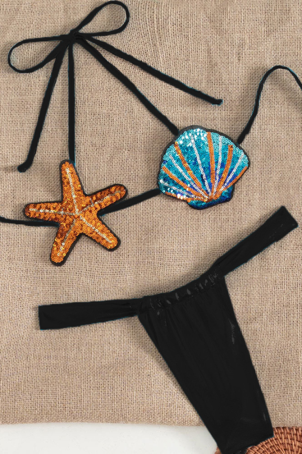 Colorful Sequined Shell Tie Two-piece Stretch Bikini Swimsuit-consonak