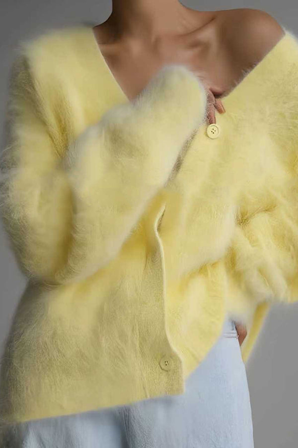 Solid Color Loose V-neck Long-sleeved Lazy Knitted Cardigan-consonak