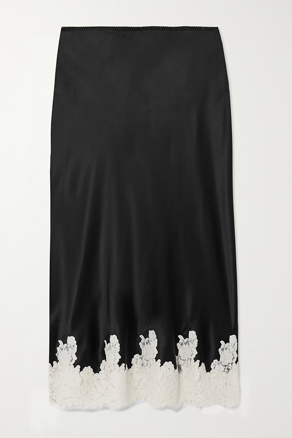 Celebration Look Contrast Color Satin Lace Trim Elastic Waist Drape Midi Skirt | Consonak