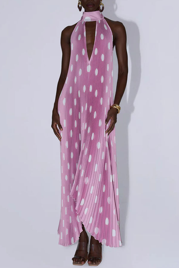 Opera Pleated Satin Polka Dot Print High Neck Cutout Halter Maxi Dress-consonak