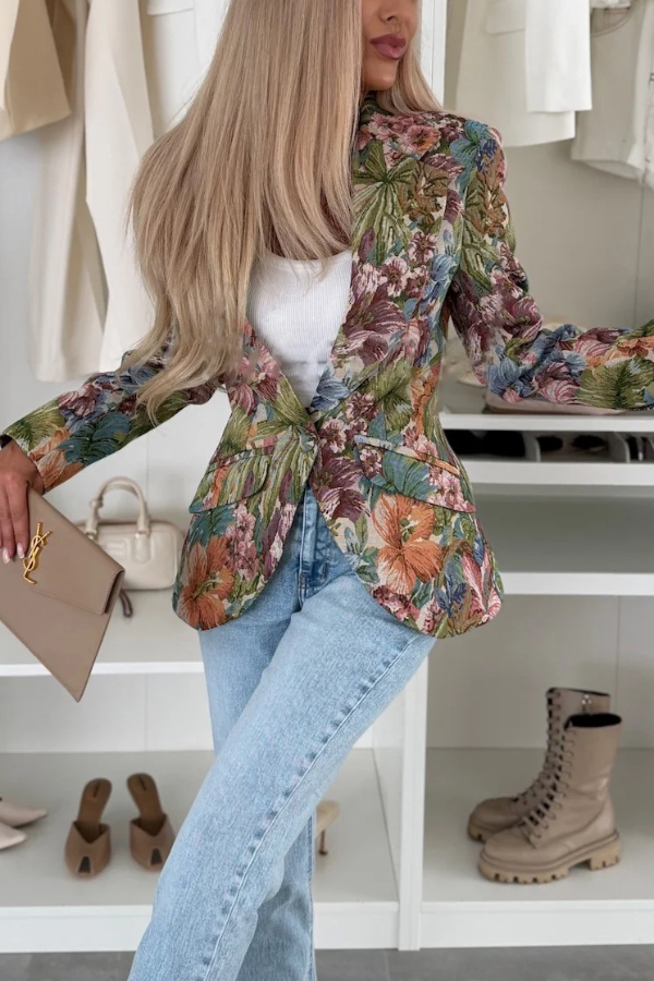 Sienna Unique Floral Print Lapel Long Sleeve Single Button Elegant Blazer