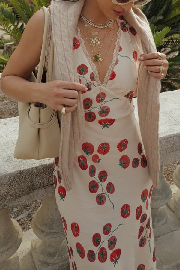 Vintage Inspired Tomato Print Lace Trim Open Back Tie-up Maxi Dress