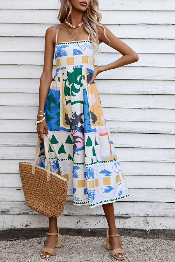 Tea Party Vibes Unique Print Pocketed Smocked Back Midi Dress-consonak