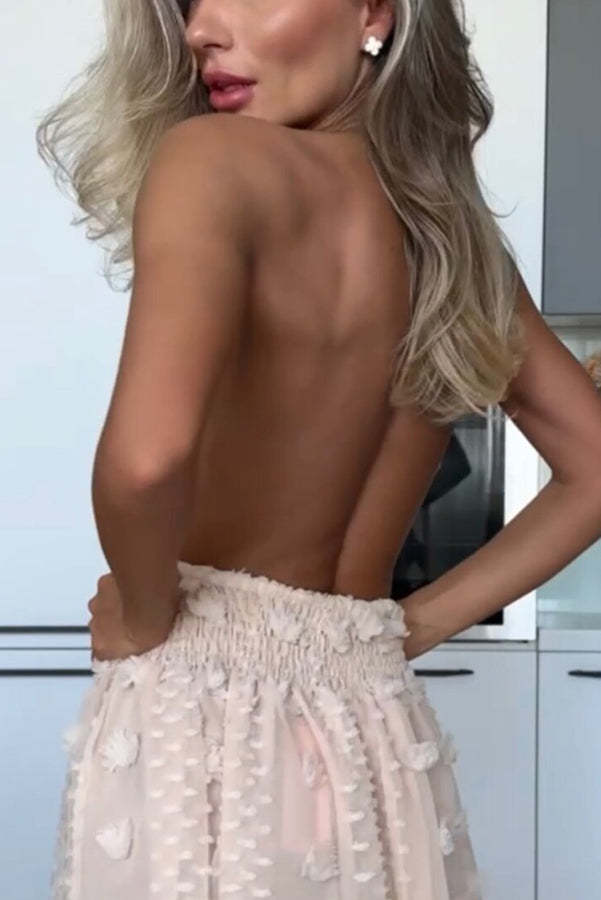 Gloria Embroidery Flowers Elastic Waist Halter Backless Slit Maxi Dress-consonak