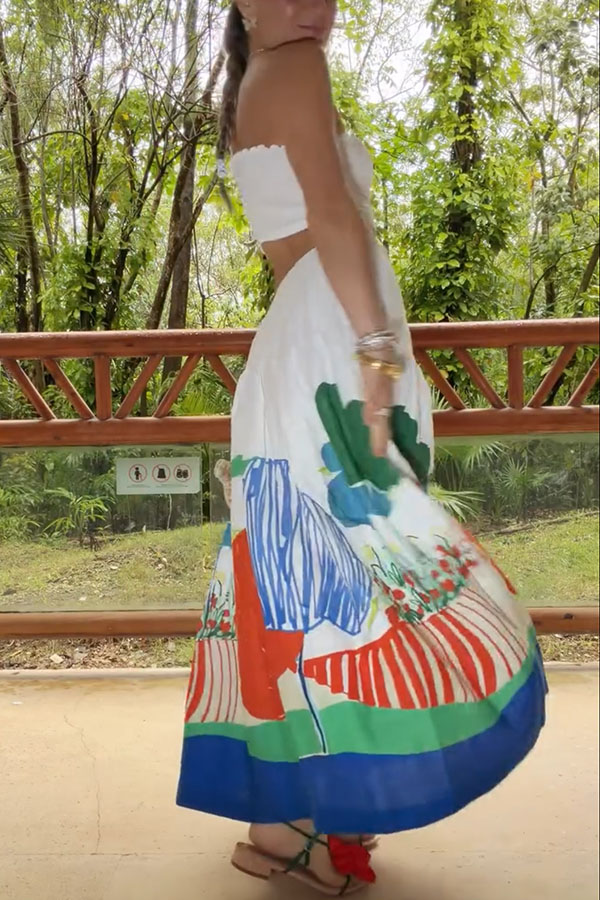 Mexican Night Linen Blend Unique Print Ring One Shoulder Top and Elastic Waist Pocket Maxi Skirt Set