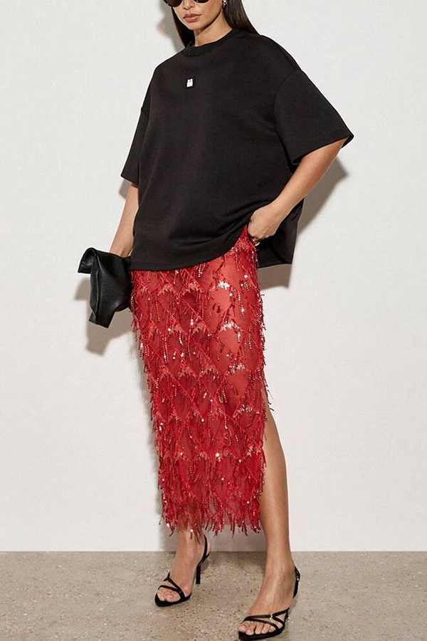 Sexy See-through Sequined Tassel Midi Skirt-consonak
