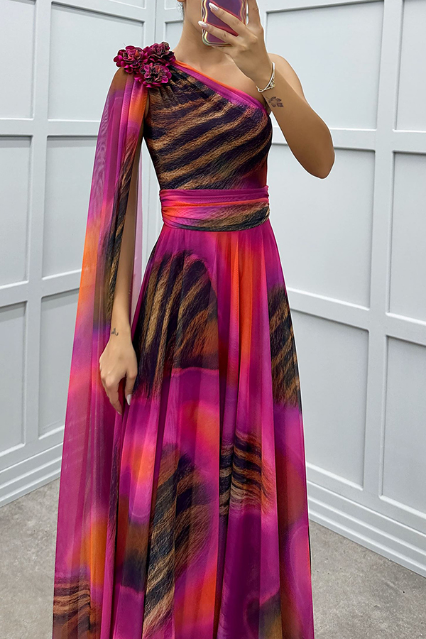 Lucia Unique Print Floral Detail One Shoulder Draped Sleeve Gown Maxi Dress | Consonak