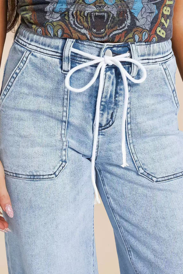 Stylish Elastic Waistband Drawstring Casual Pocket Loose Straight Leg Jeans
