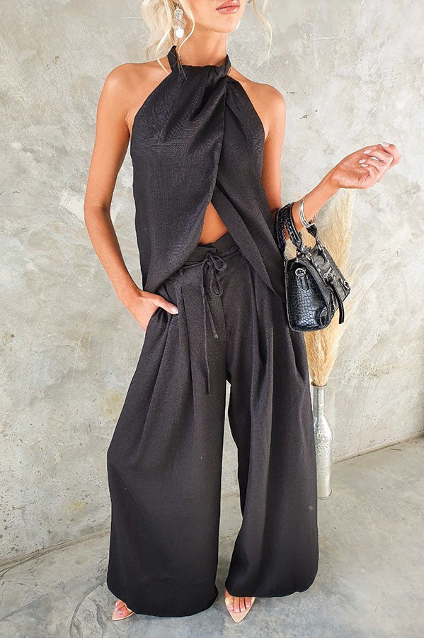 Gette Linen Blend Slit Front Top and High Rise Knoted Pocket Wide Leg Pants Set-consonak