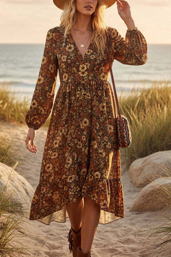 Floral Print V-neck Long-sleeved Casual Ruffle Midi Dress-consonak