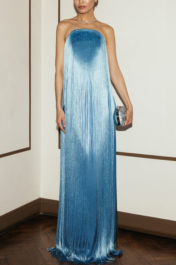 Dreamy Eye-catching Shiny Fringes Off Shoulder Floor-length Gown Maxi Dress | Consonak