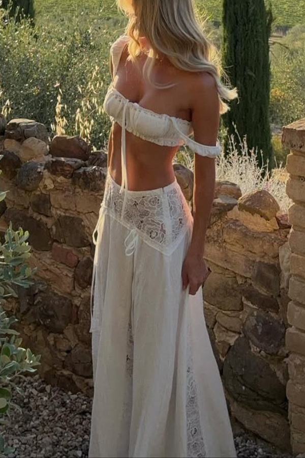 Solid Color Pleated Tie-front Top and Elegant Patchwork Lace Openwork Maxi Skirt Set-consonak