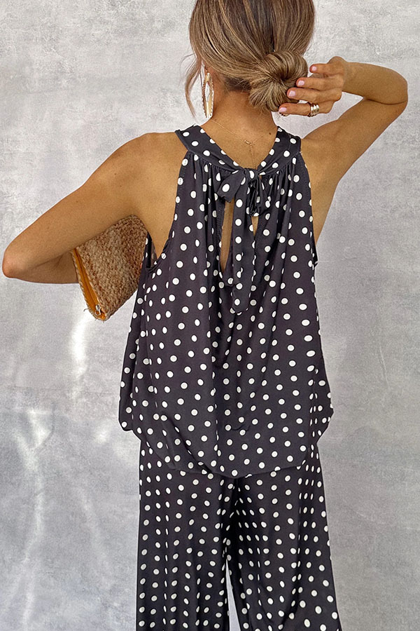 Imanie Polka Dot Print Back Tie-up Tank and Elastic Waist Wide Leg Pants Set-consonak