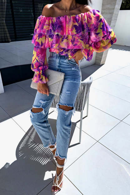 Colorful Botanical Print Sexy Off-shoulder Ruffle Top-consonak