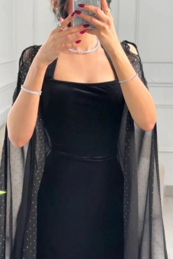 Solid Color Velvet Square Neck Slim Fit Rhinestone Maxi Dress-consonak