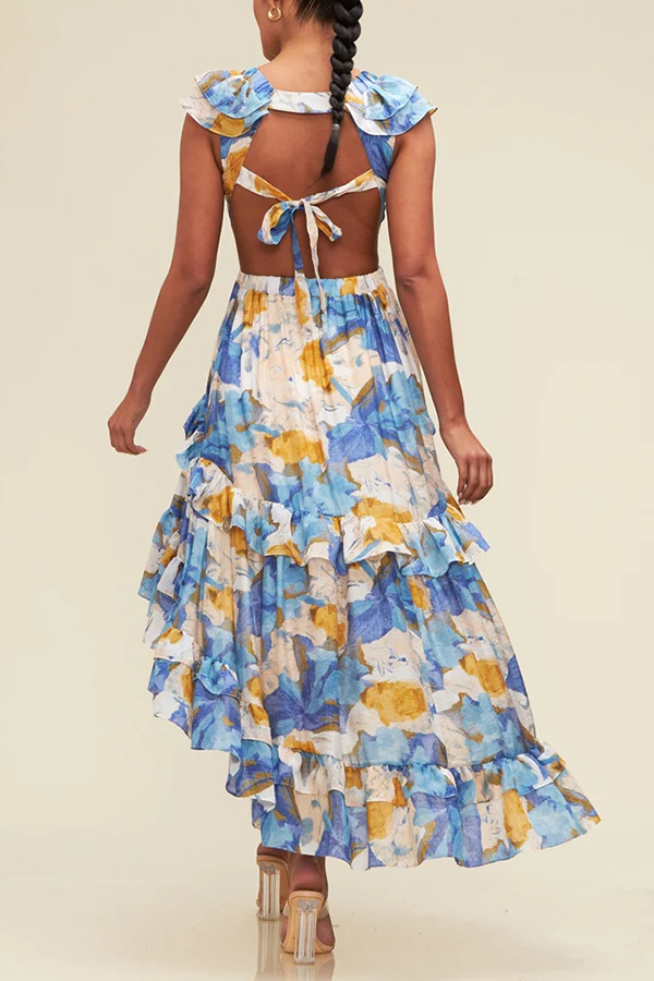 Boho Floral Print Sexy V-neck Backless Resort Maxi Dress-consonak