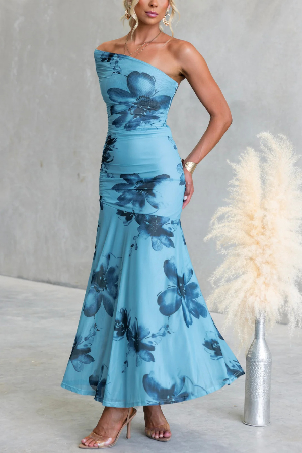 Floral Print Elegant Mesh Off-shoulder Fitted Maxi Dress-consonak