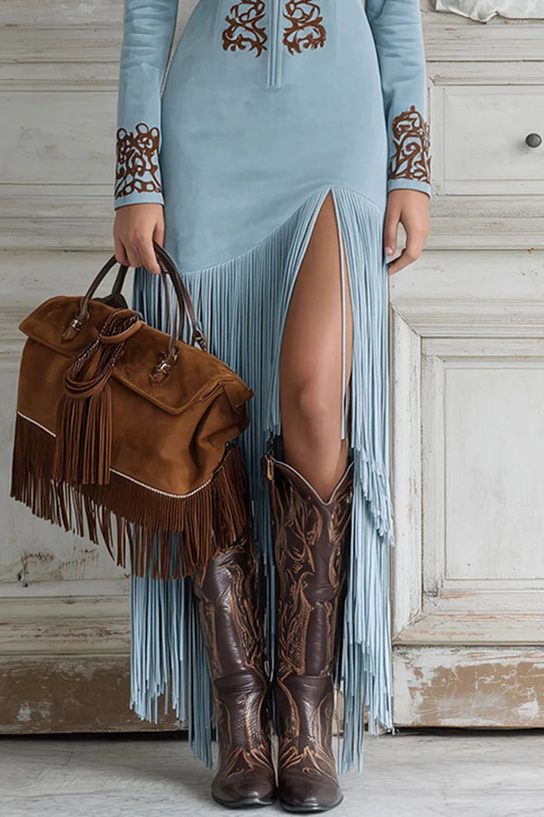 Fashionable Embroidered Fitted Long-sleeved Tassel Hem Maxi Dress-consonak