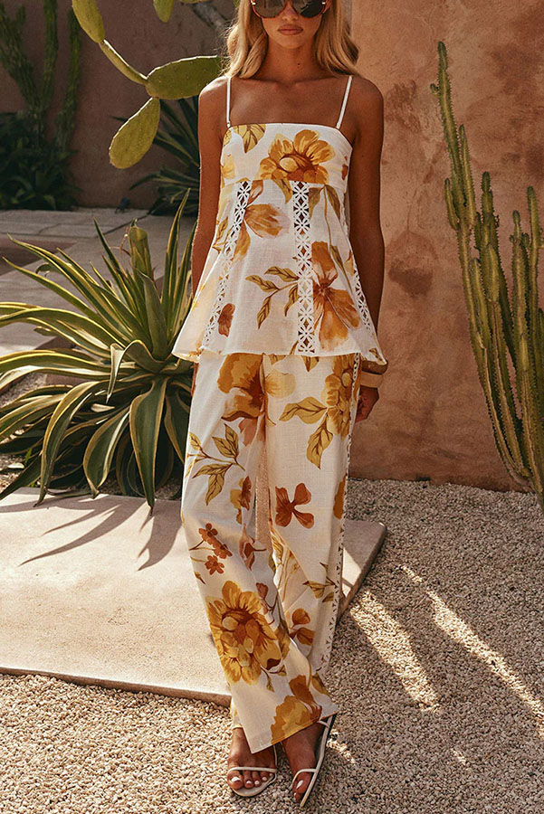 Lorde Linen Blend Floral Print Cutout Trim A-line Tank and High Rise Pocket Wide Leg Pants Set-consonak