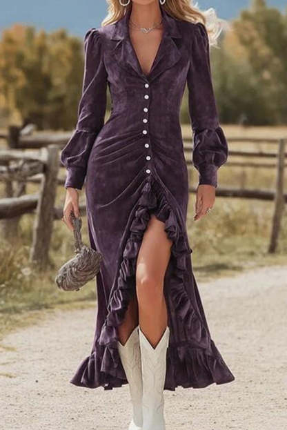 Elegant Long-sleeved Single-breasted Pleated Ruffle Midi Dress-consonak