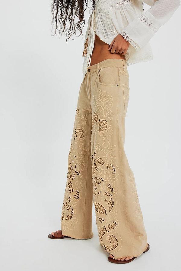 Battenburg Inspired Cutwork Detail Mid Rise Pocket Wide Leg Jeans