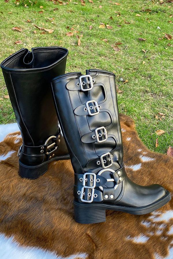 Vintage Belt Buckle Chunky Heeled Long Biker Boots-consonak