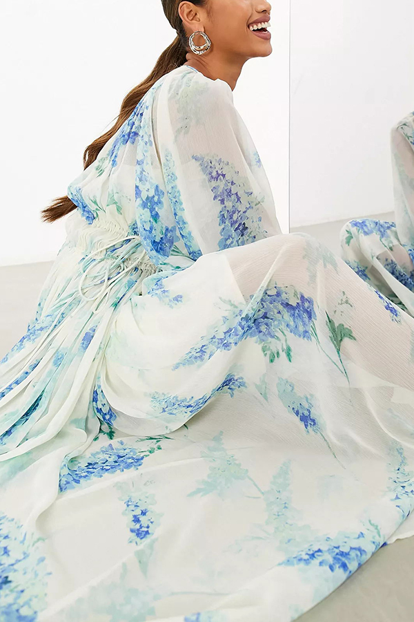 Headed To The Ocean Chiffon Floral Drawstring Waist Maxi Dresses-consonak