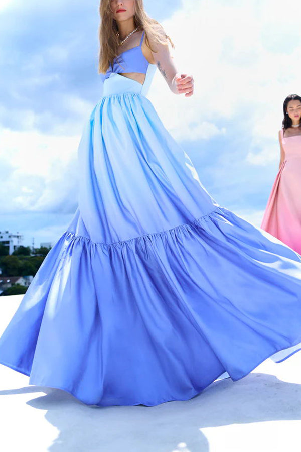 Ocean Breeze Gradient Color Print Cutout Waist Tiered Maxi Dress-consonak
