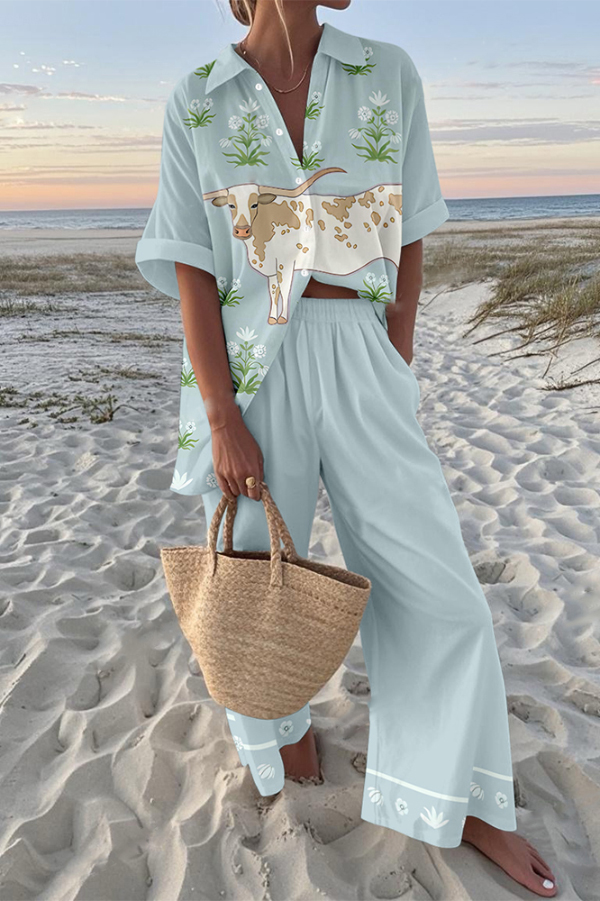Cow Print Oversized Shirt and Elastic Waist Pocket Pants Set-consonak