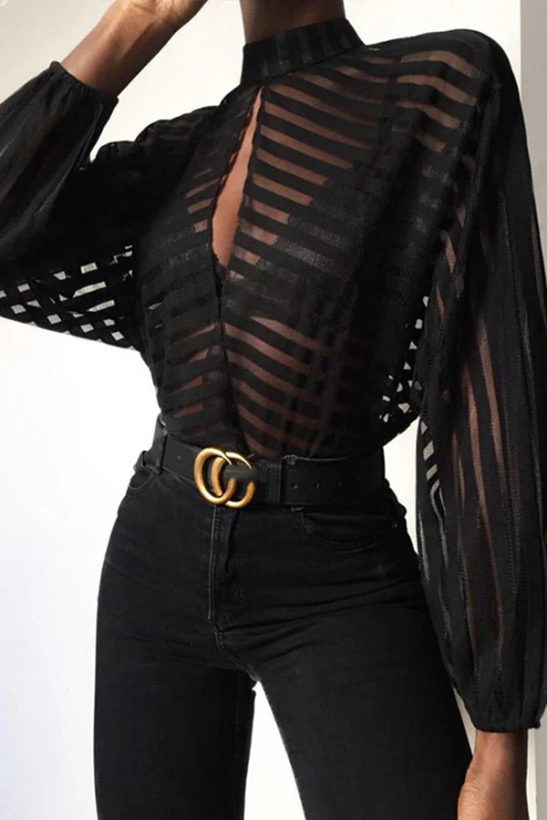 Sexy Hollow See-through Striped Stand-collar Shirt-consonak