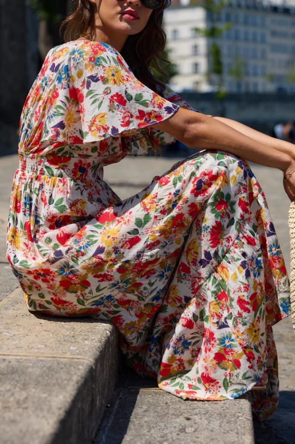 Floral Print V-neck Short-sleeved Elegant Fitted Waist Maxi Dress