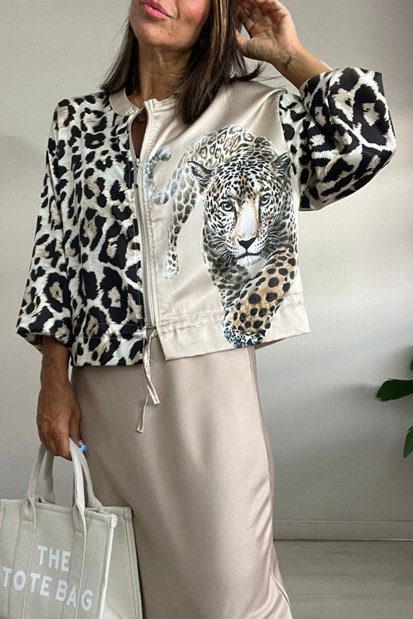 Shiloh Leopard Unique Print Zipper Drawstring Hem Bomber Jacket-consonak