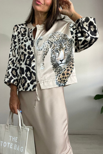 Shiloh Leopard Unique Print Zipper Drawstring Hem Bomber Jacket-consonak