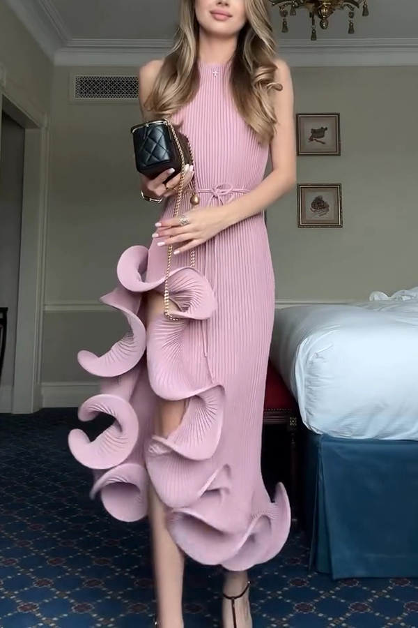 Butter Summer Pleated  Sleeveless Waist Tie Irregular Ruffle Dimensional Hem Midi Dress-consonak