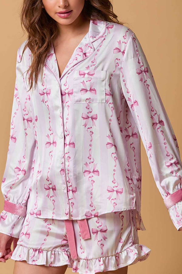 Christmas Fashion Printed Bow Tie Top and Elastic Waist Ruffle Shorts Set-consonak