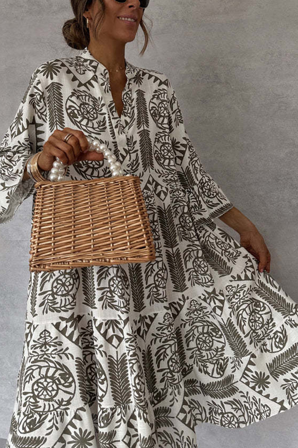 Unique Printed V-neck Bell Sleeve Mini Dress-consonak